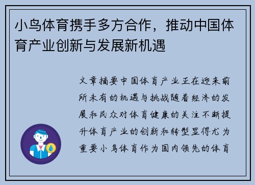 小鸟体育携手多方合作，推动中国体育产业创新与发展新机遇