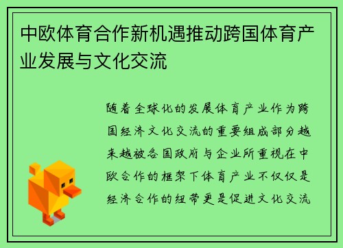 中欧体育合作新机遇推动跨国体育产业发展与文化交流